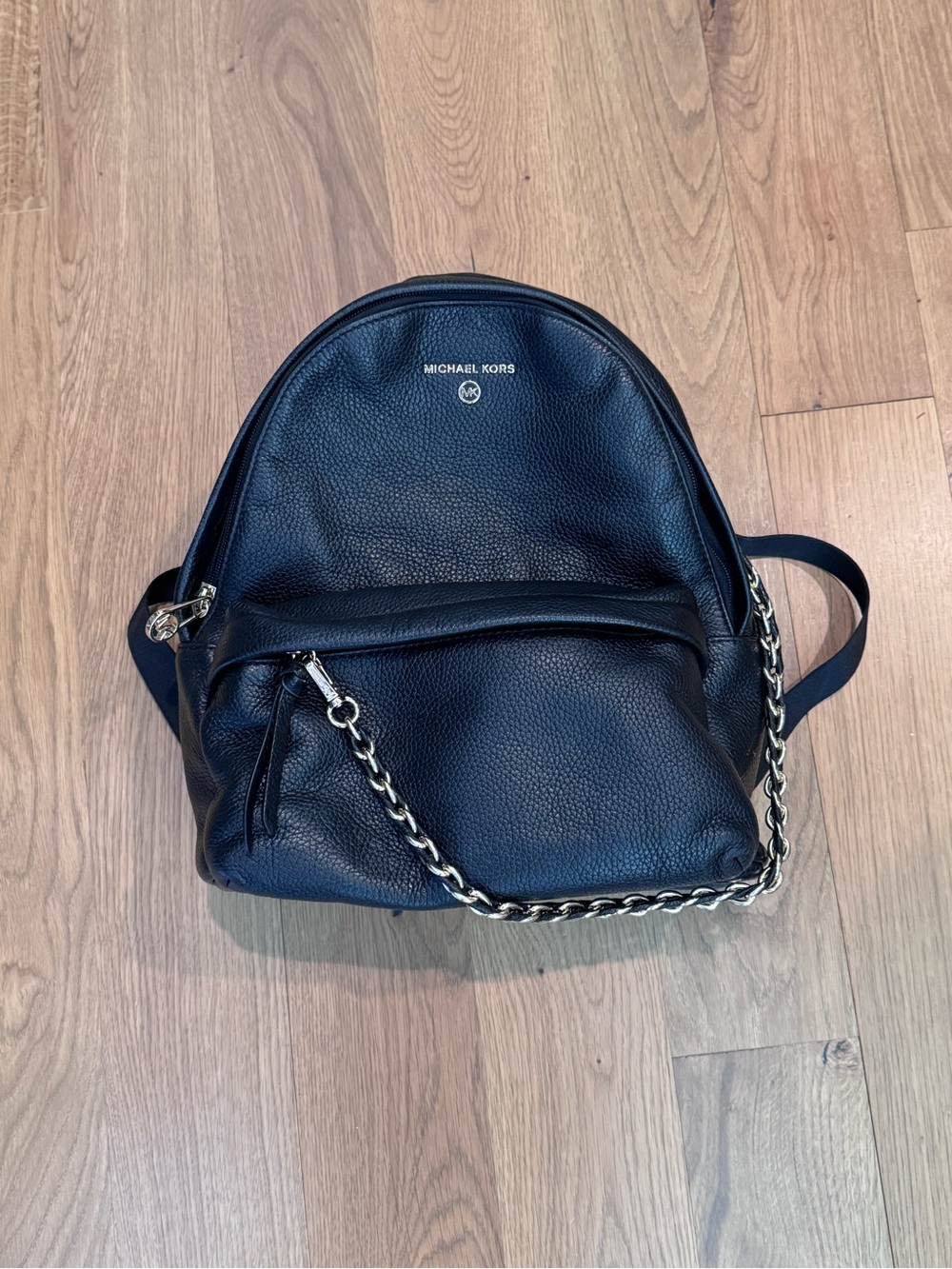 Michael Kors Black Pebbled Leather Backpack with Silver Chain Trim